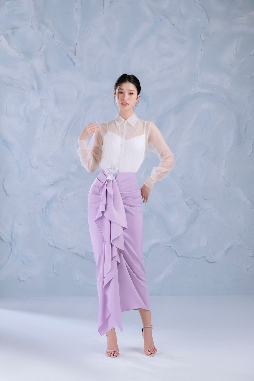 Lavender Sarong Ruffled Silk Midi Skirt