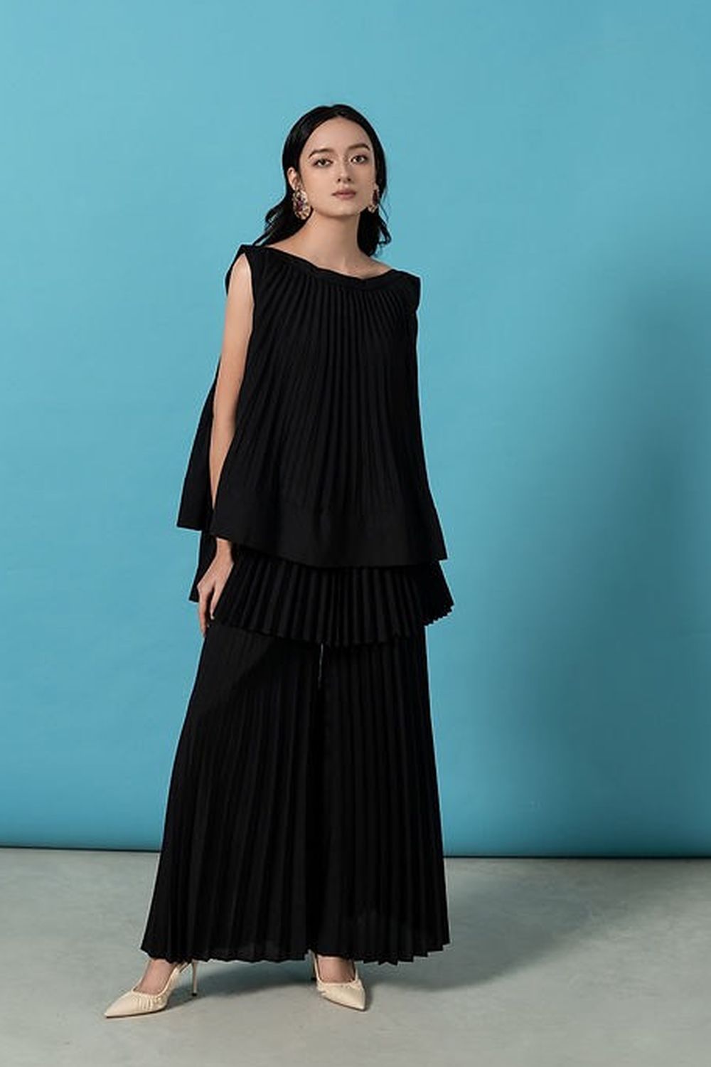 Andrea Pleated Flared Polyester Top