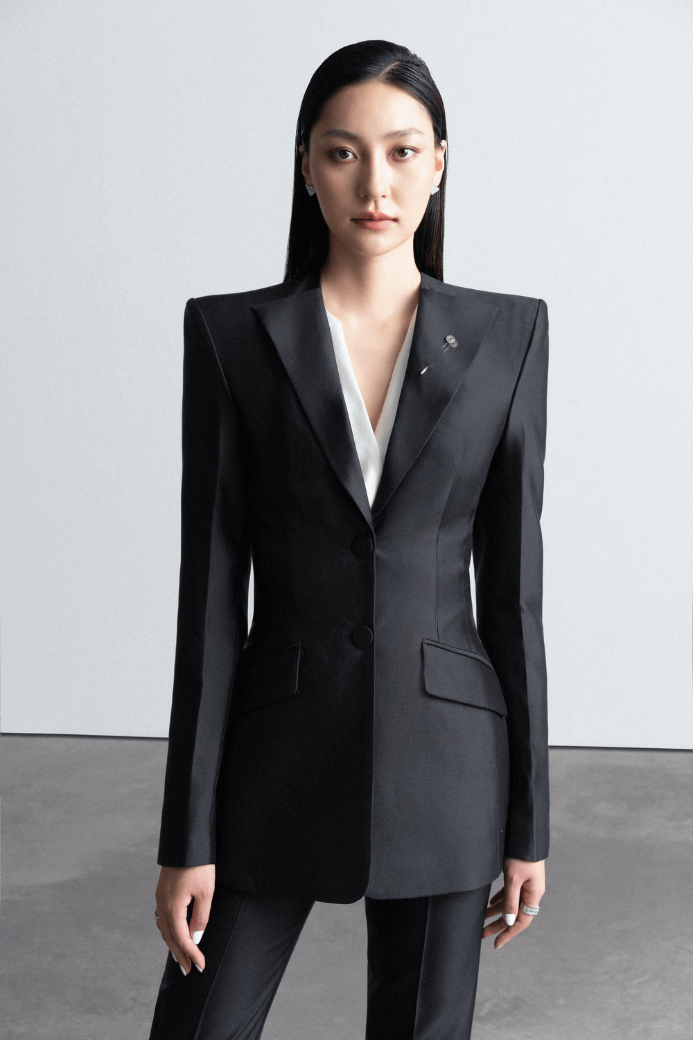 Cesarina Structured Square Shoulder Taffeta Blazer