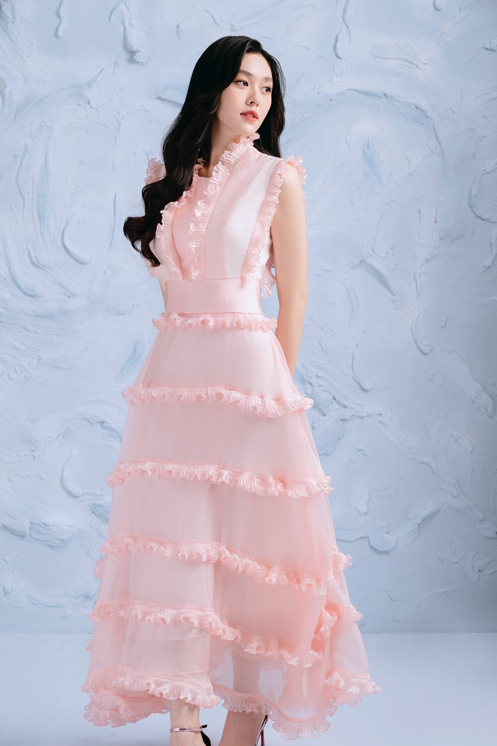 Oleander Layered Ruffle Collar Organza Midi Dress