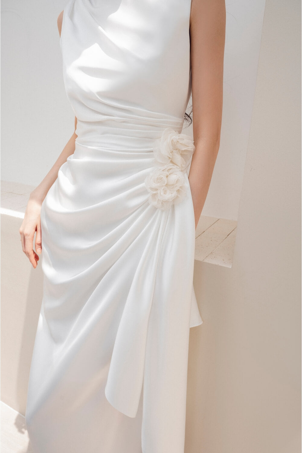 Kaytlyn Gathered Sleeveless Silk Satin Midi Dress