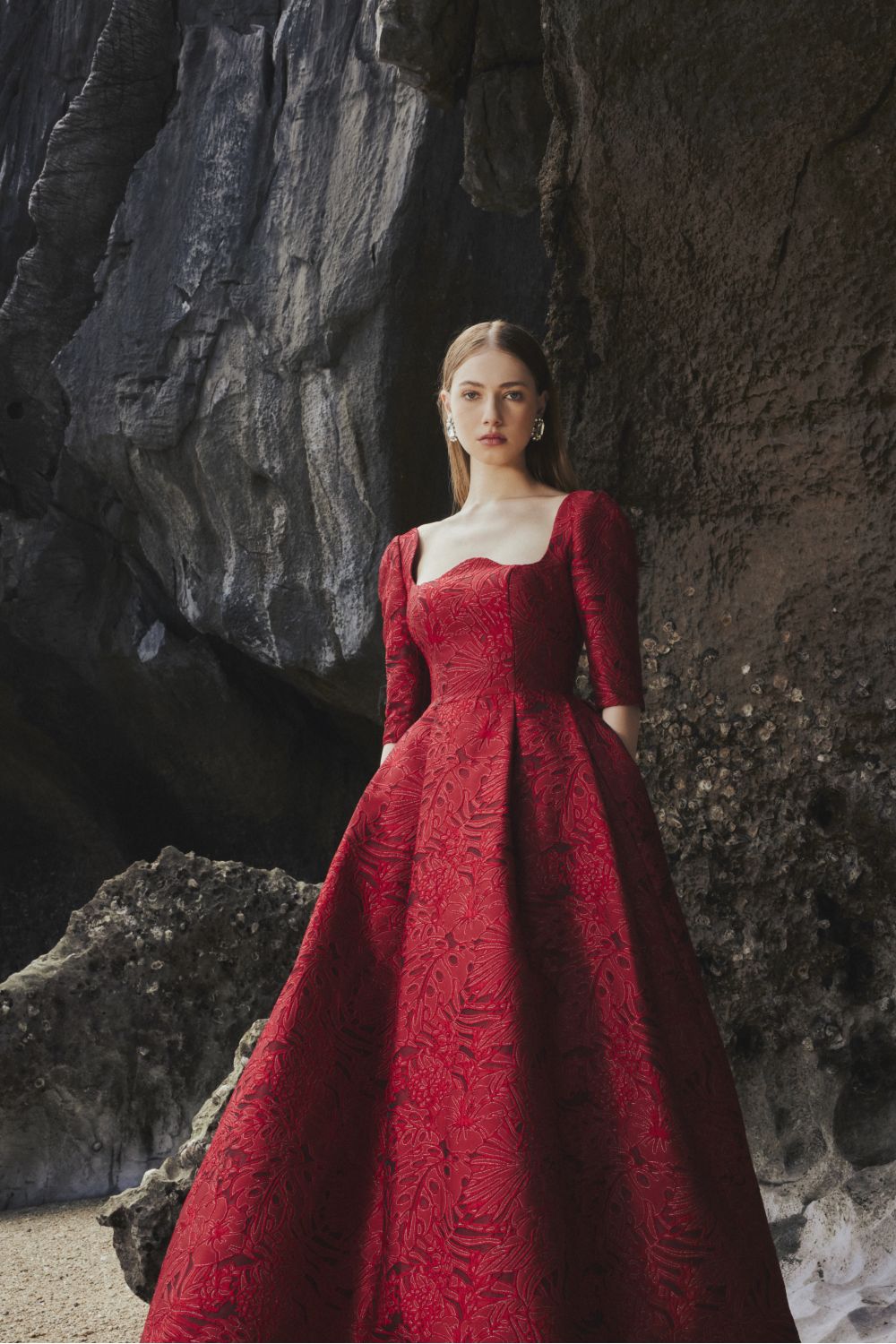 Amelia Ball Gown Curved Neck Brocade Maxi Dress