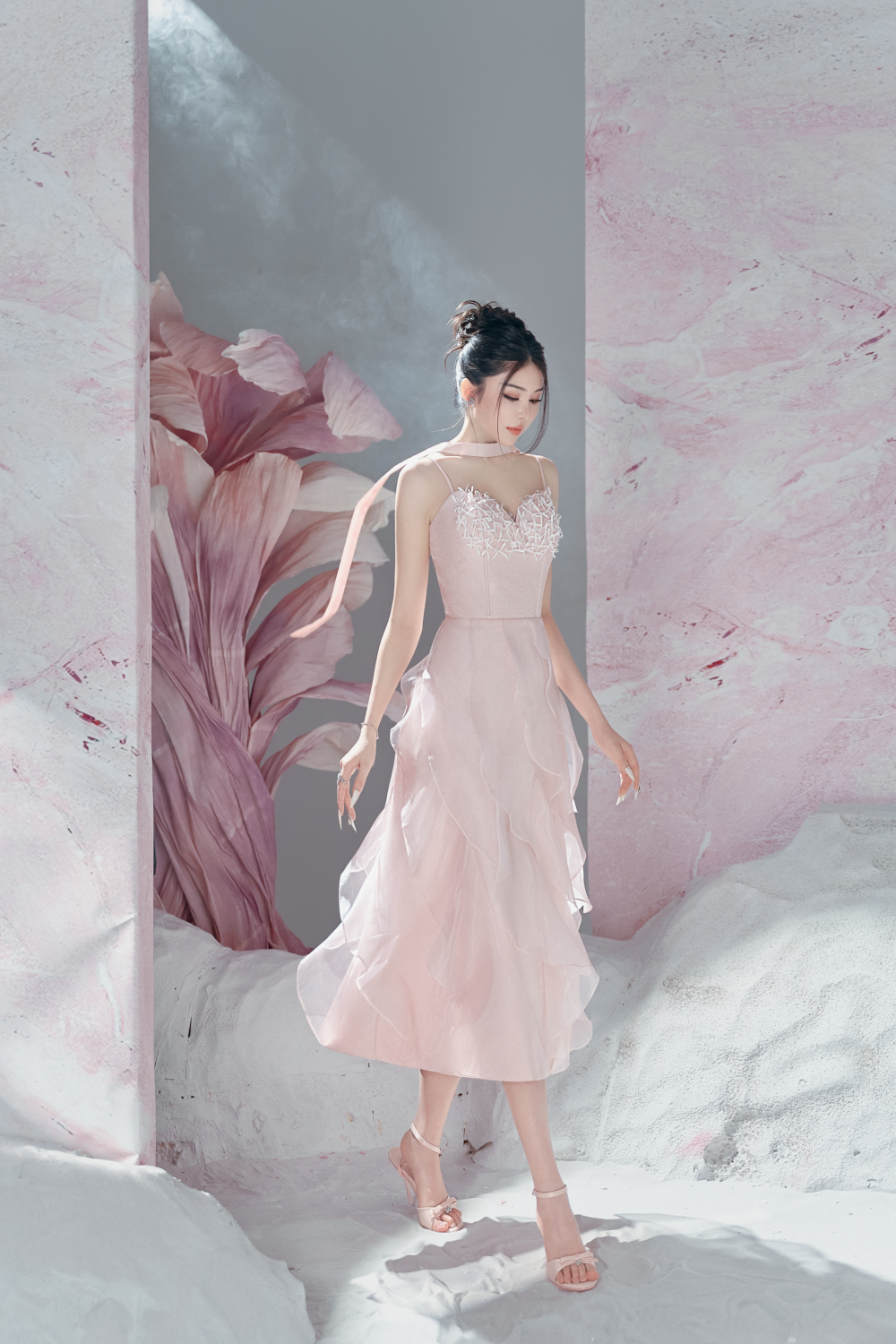 Nova A-line Ruffle Layer Taffeta Midi Dress