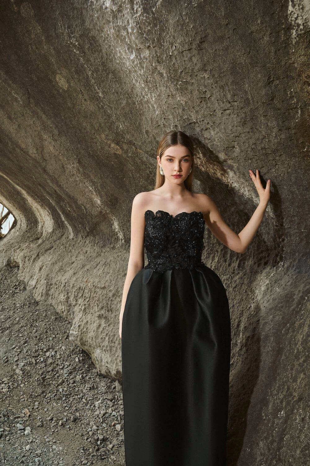 Paris Pegged Straight Across Neck Taffeta Maxi Dress