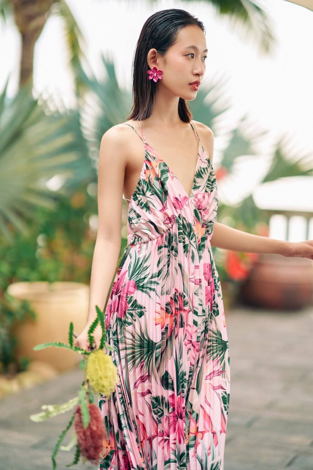 Celestia Pleated V-Neck Synthetic Silk Maxi Dress