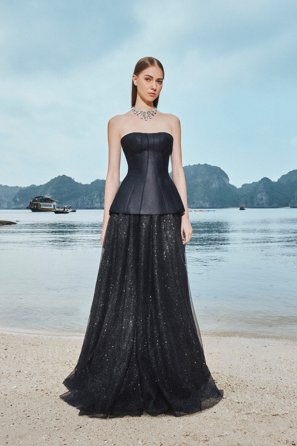 Esmeralda Peplum Semi-Heart Neck Crepe Floor Length Set