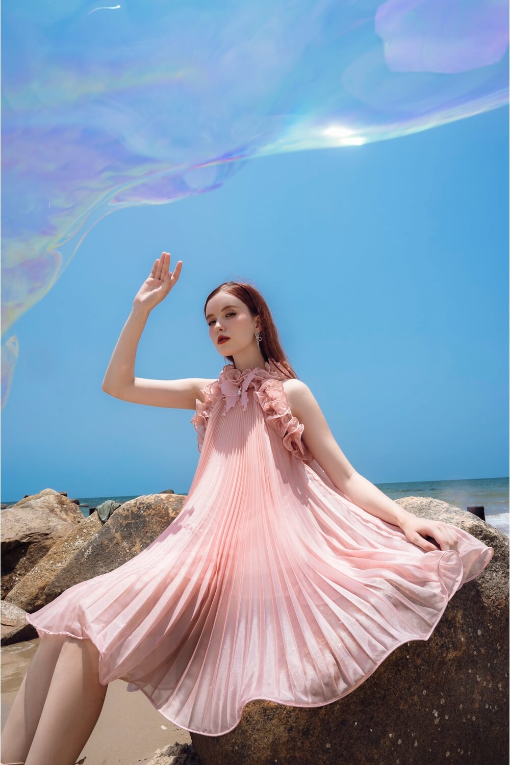 Sabie Pleated Open Shoulder Silk Organza Mini Dress