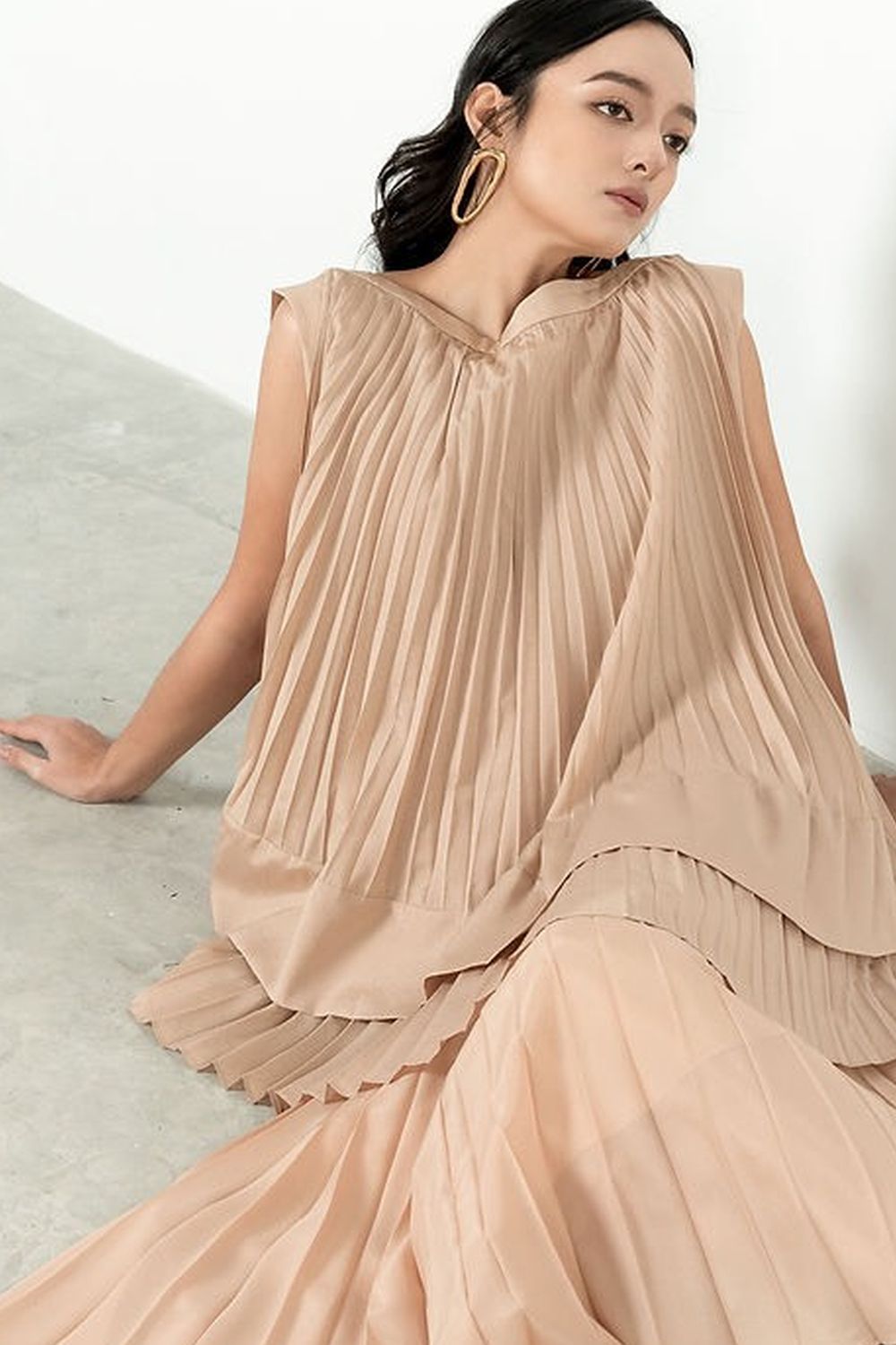 Andrea Pleated Flared Polyester Top