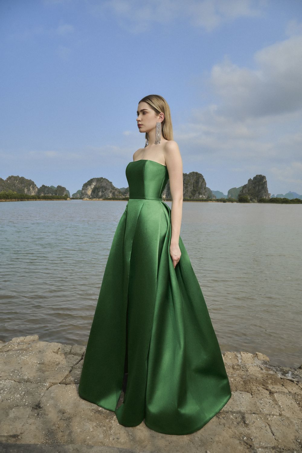 Clara Ball Gown Straight Across Neck Taffeta Maxi Dress