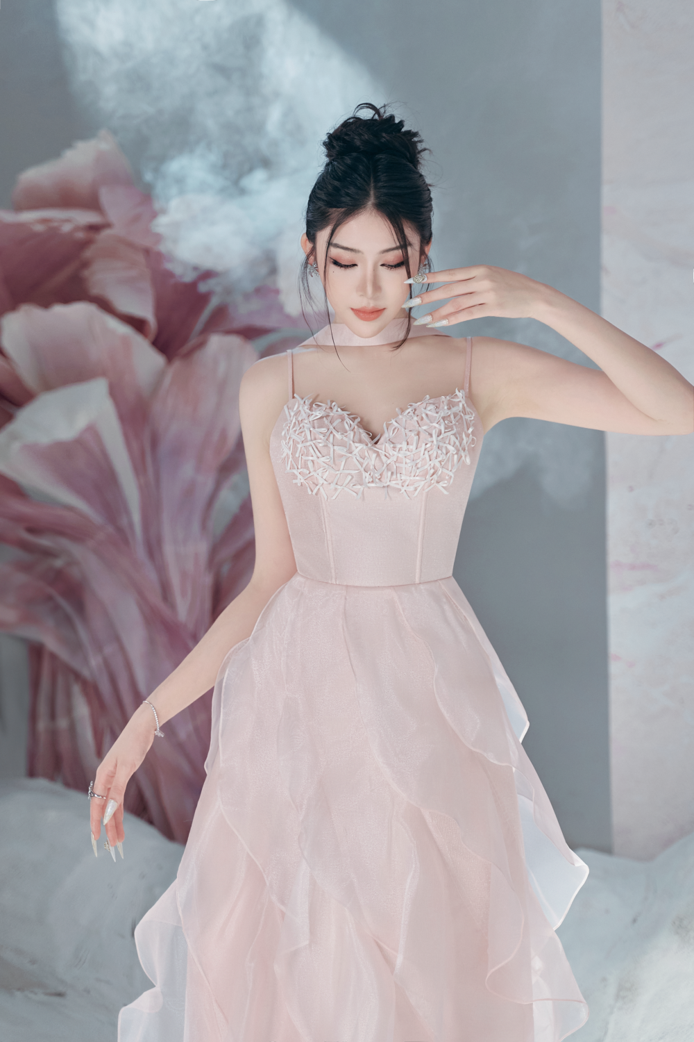 Nova A-line Ruffle Layer Taffeta Midi Dress