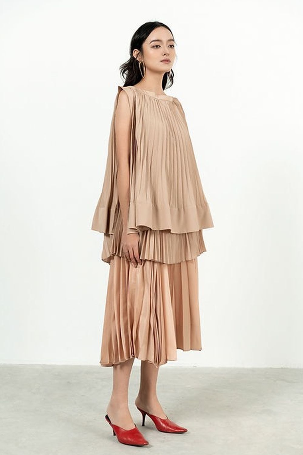 Andrea Pleated Flared Polyester Top