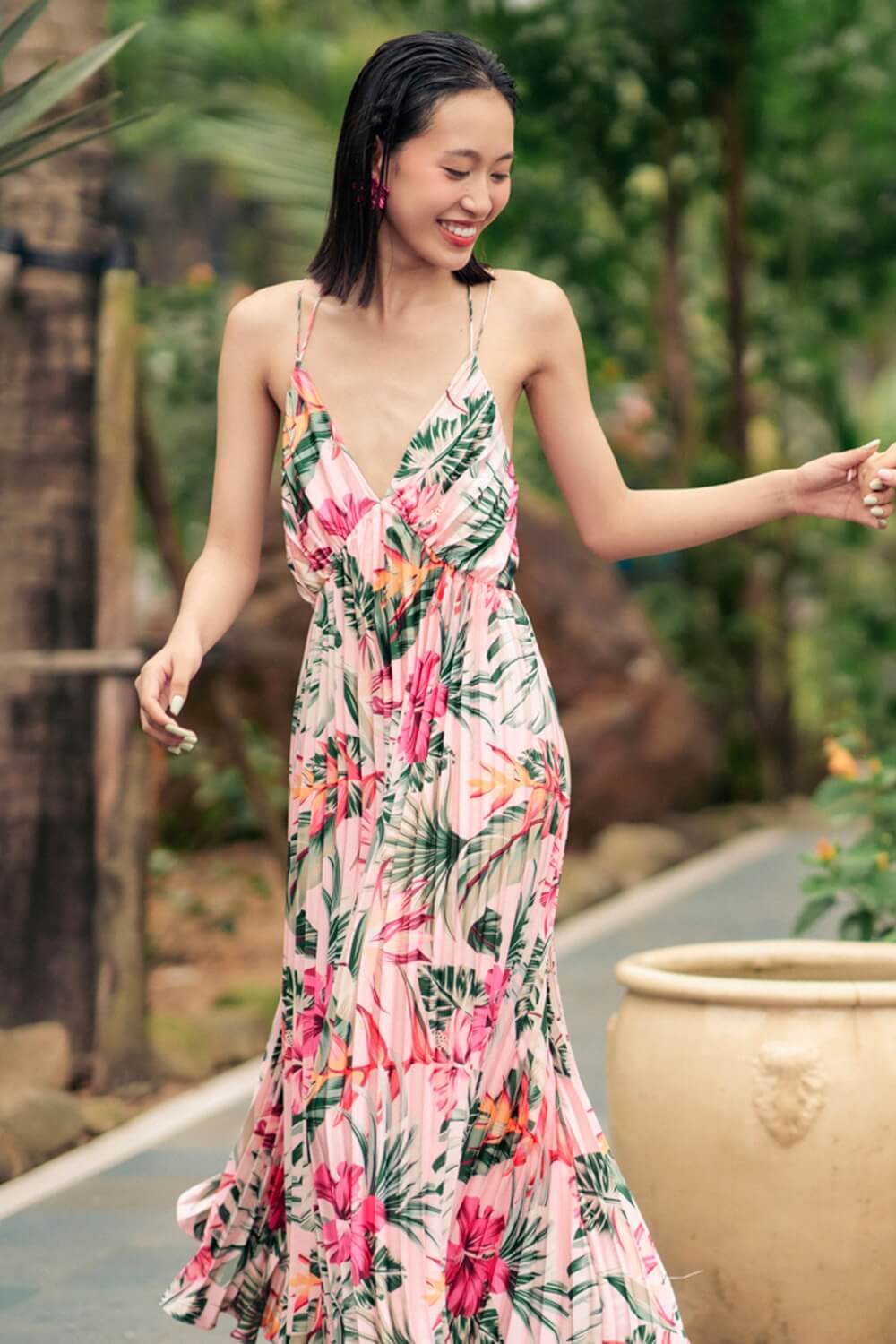 Celestia Pleated V-Neck Synthetic Silk Maxi Dress