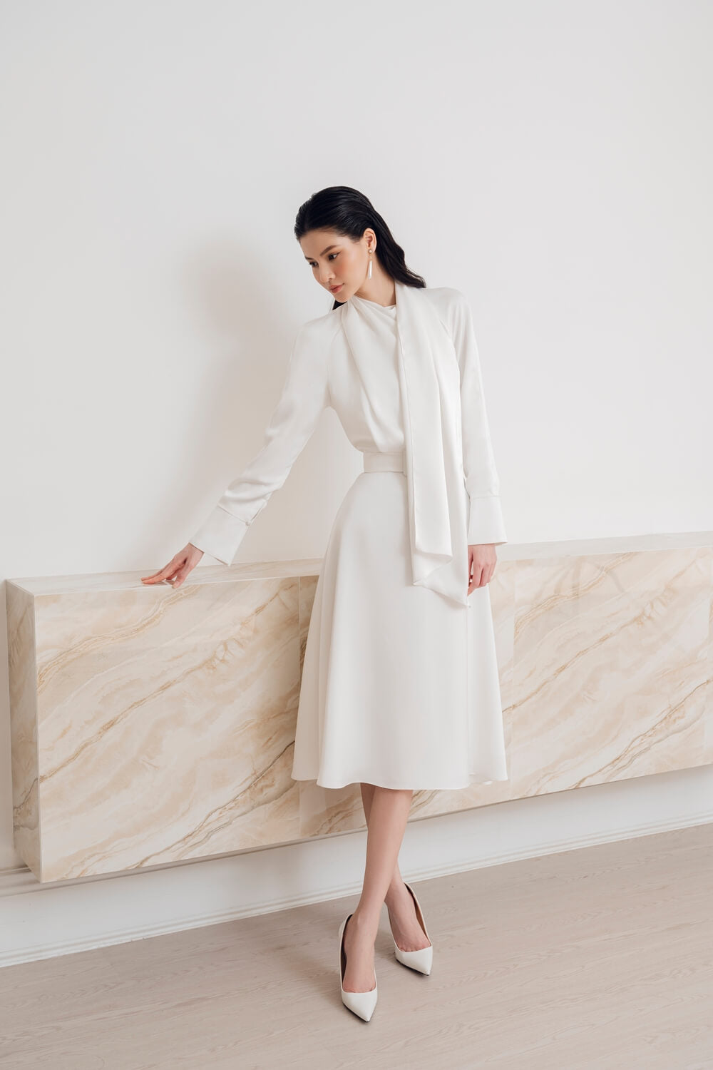 Aboli A-line Long Sleeved Silk Satin Midi Dress