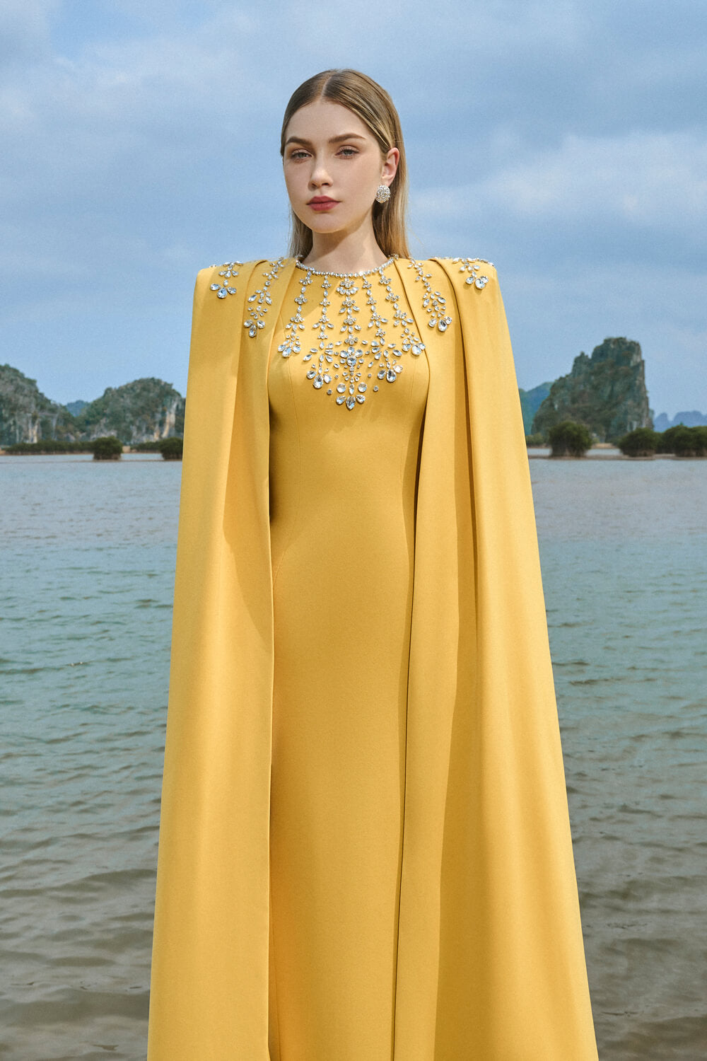 Gabrielle Sheath Cape Sleeved Satin Maxi Set