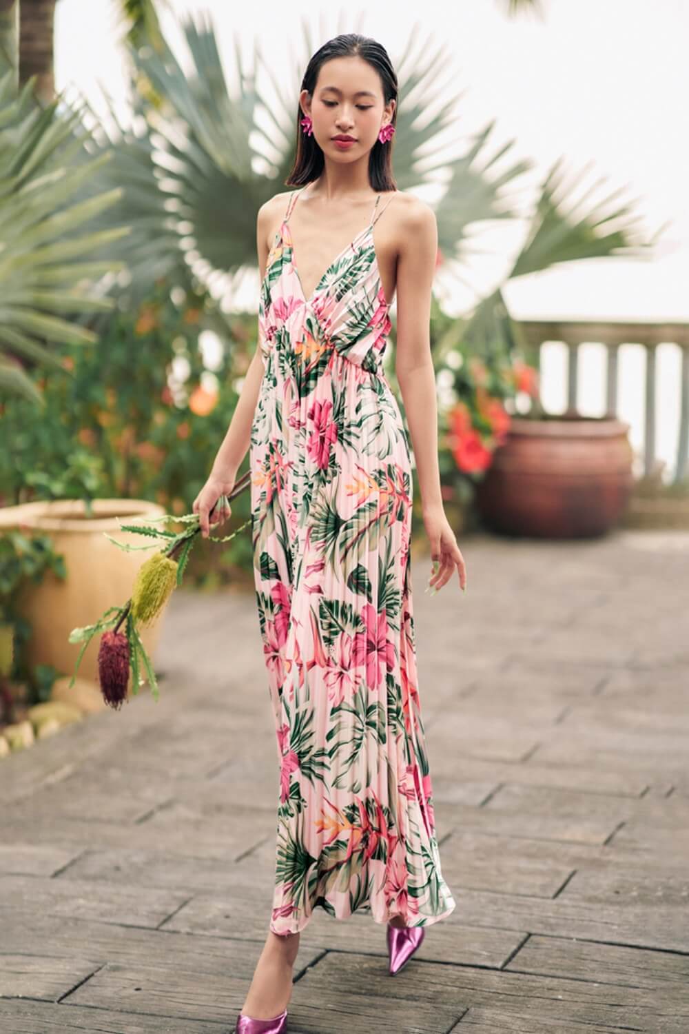Celestia Pleated V-Neck Synthetic Silk Maxi Dress