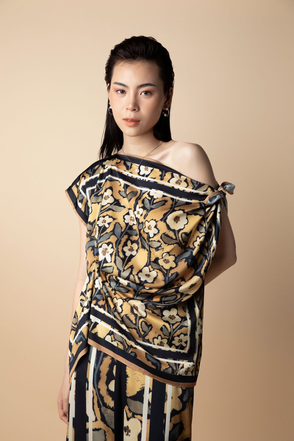 Nelly Asymmetric Twisted Latin Silk Top