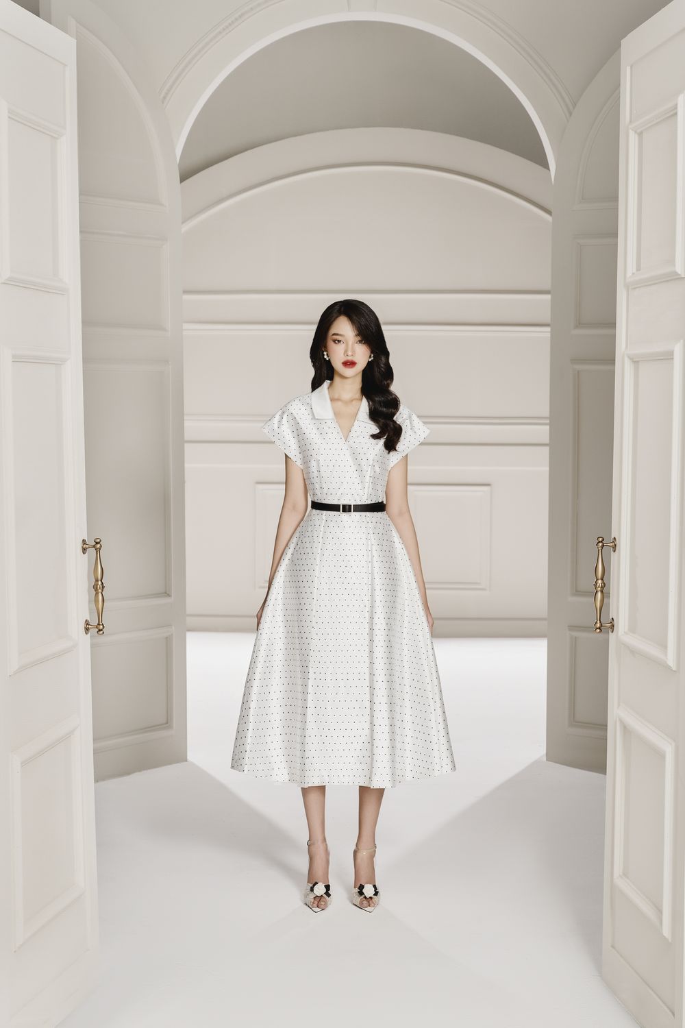 Thora Fit and Flare V-Neck Taffeta Midi Dress