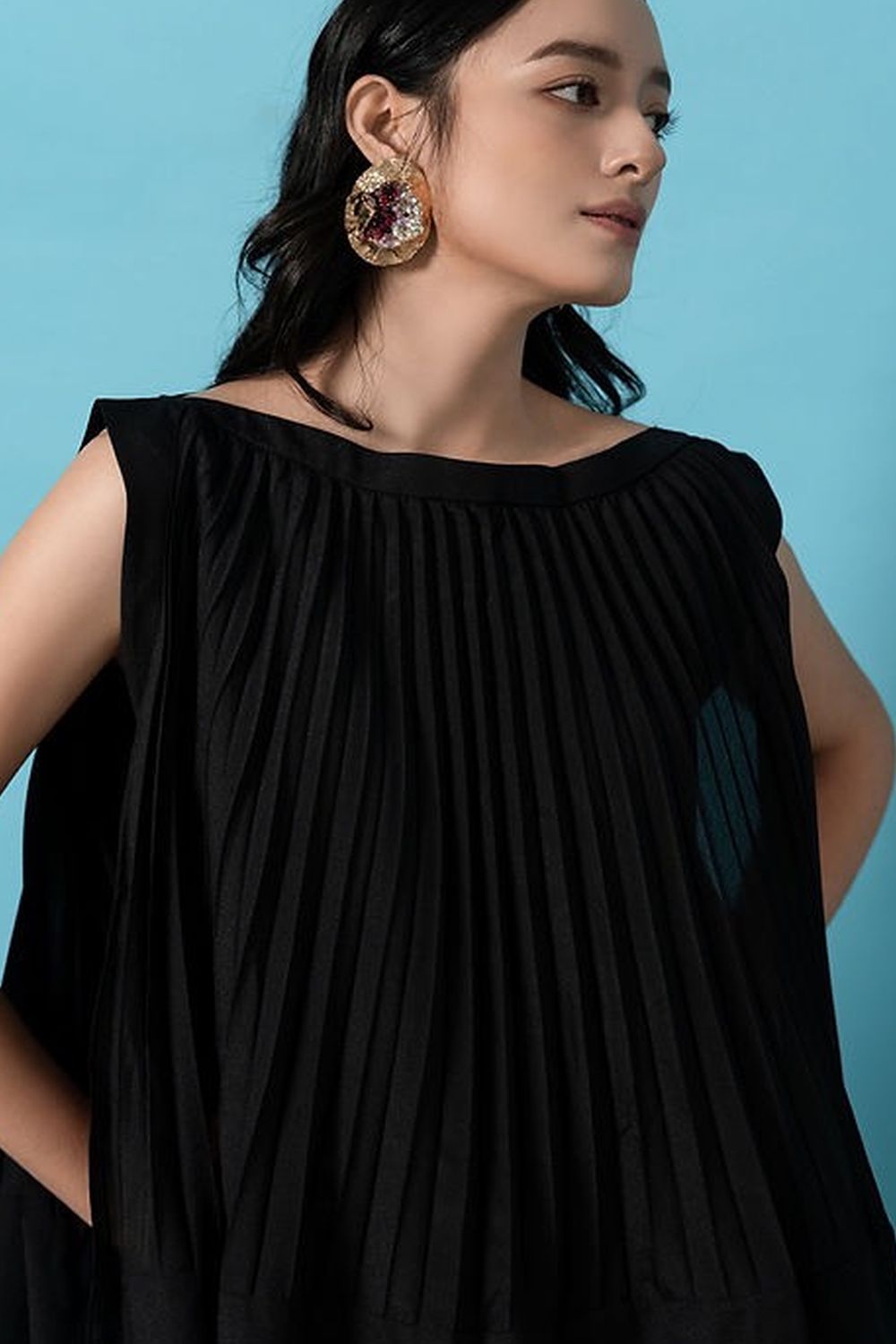 Andrea Pleated Flared Polyester Top