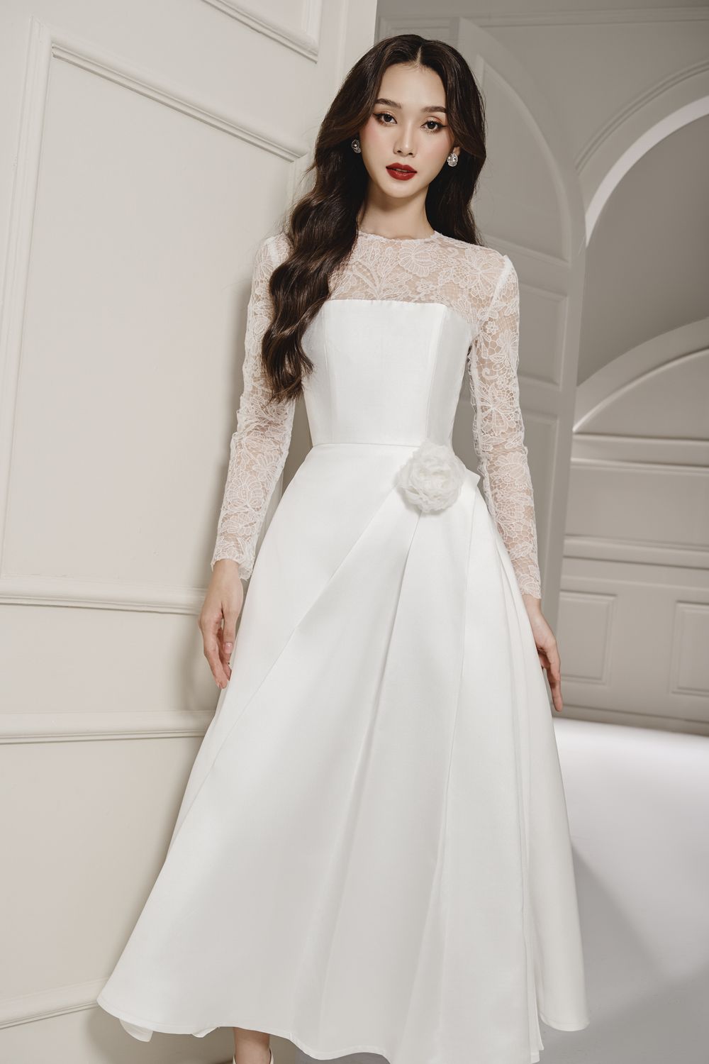 Lover Fit and Flare Corset Waist Taffeta Midi Dress