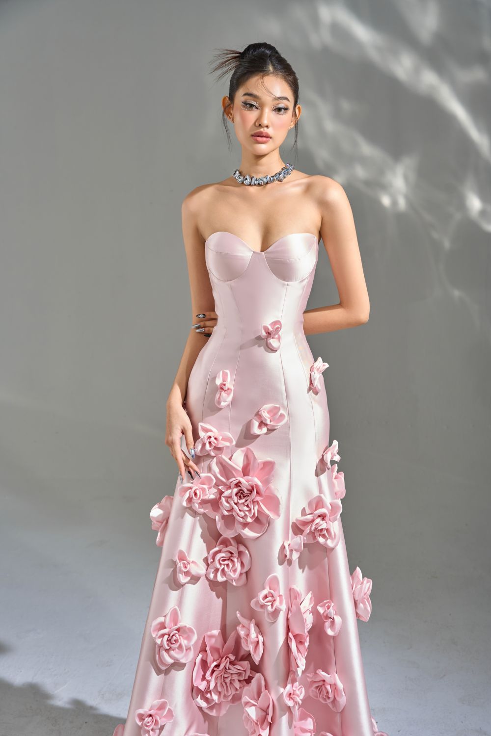 La Fleur Asymmetric Semi-Heart Neck Taffeta Maxi Dress