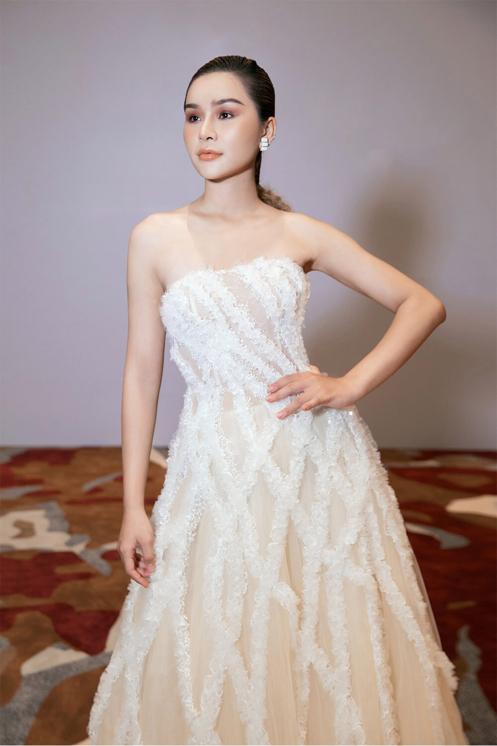 Maya Flared Straight Across Neck Mesh Midi Dress