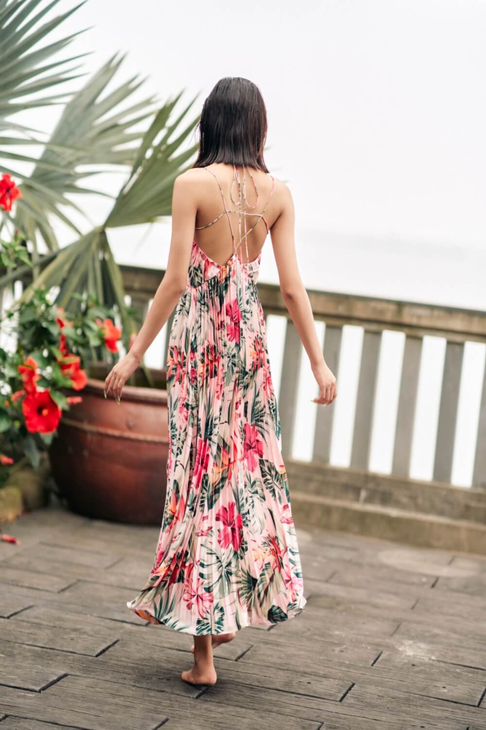 Celestia Pleated V-Neck Synthetic Silk Maxi Dress