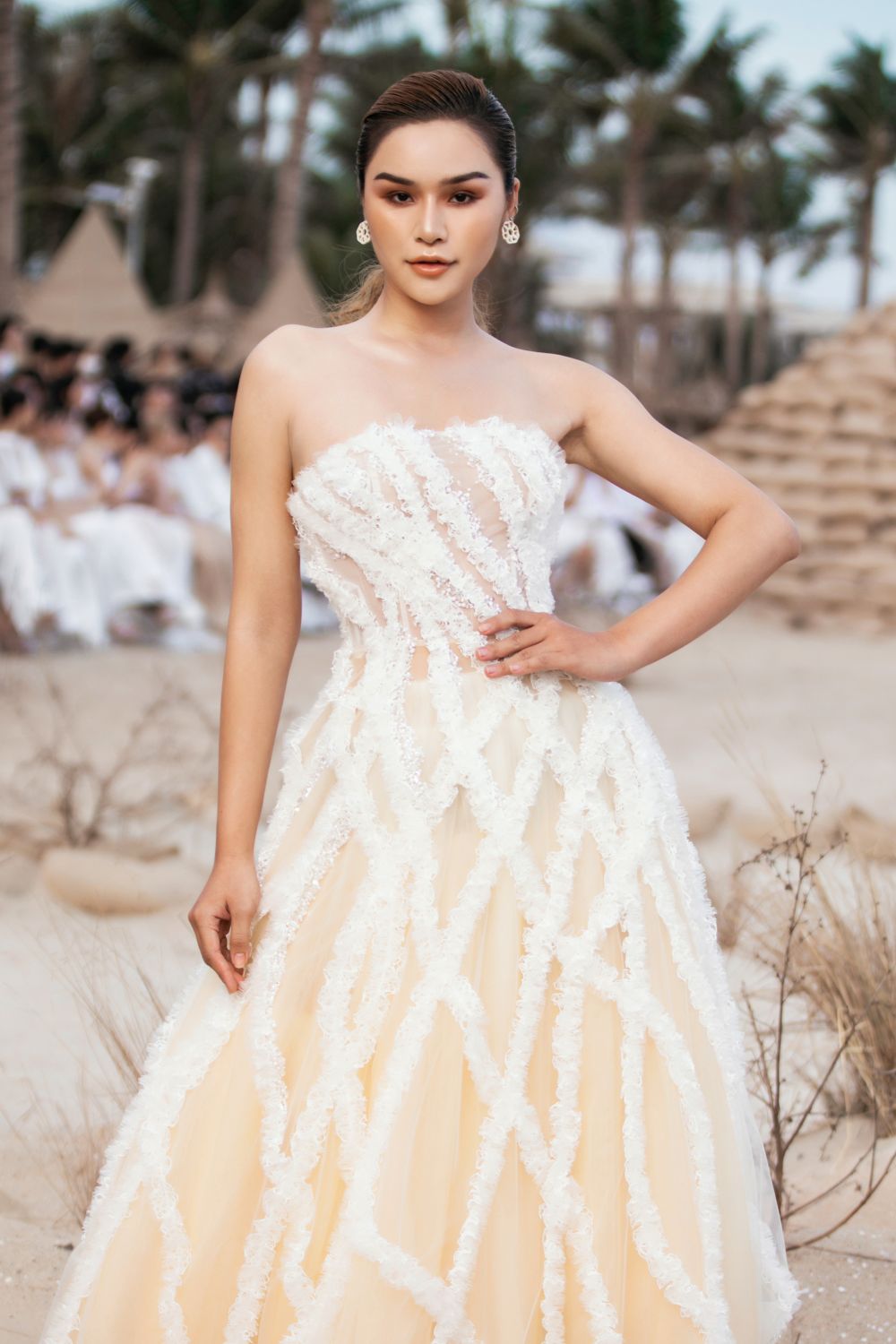 Maya Flared Straight Across Neck Mesh Midi Dress