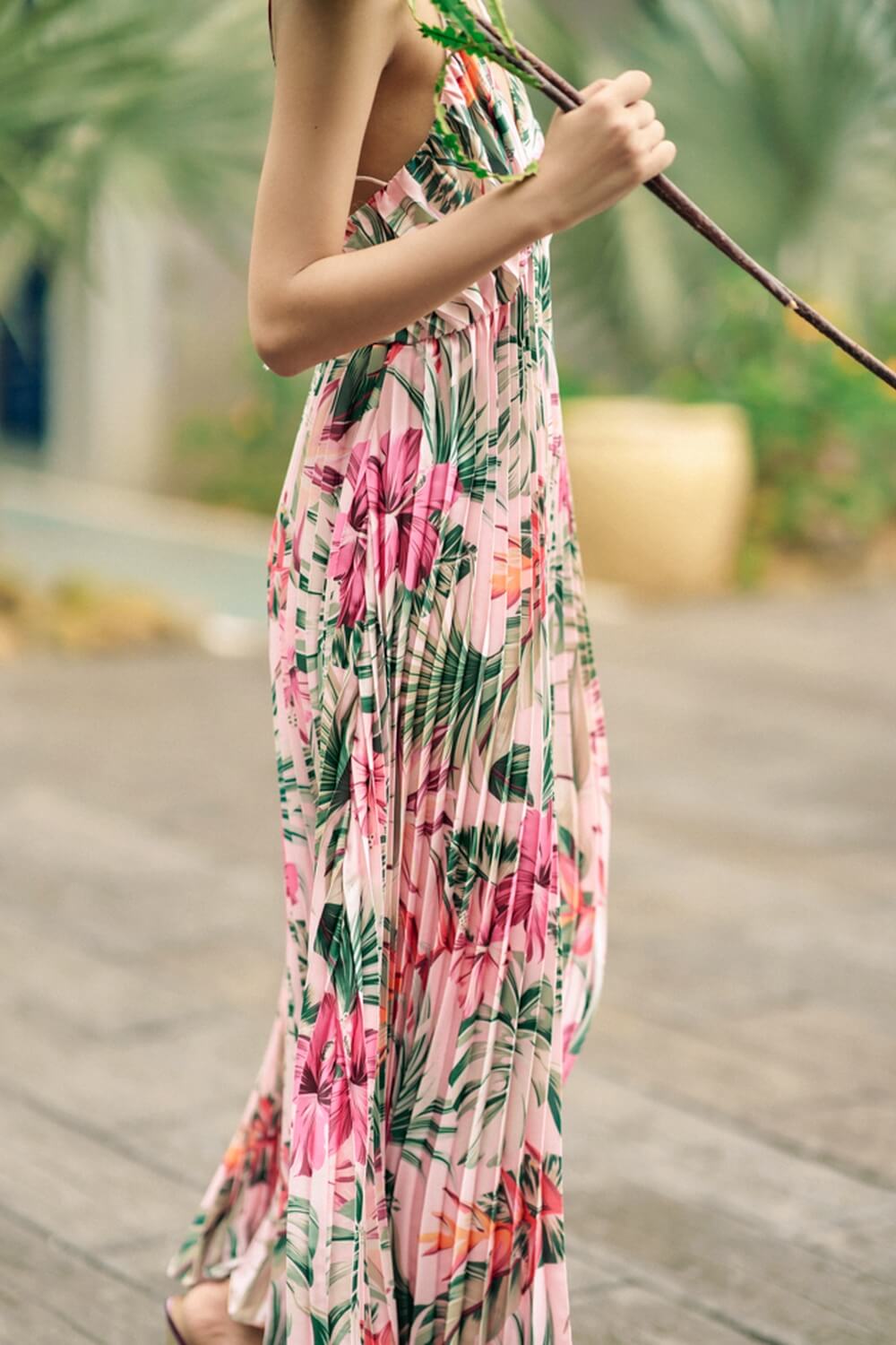 Celestia Pleated V-Neck Synthetic Silk Maxi Dress