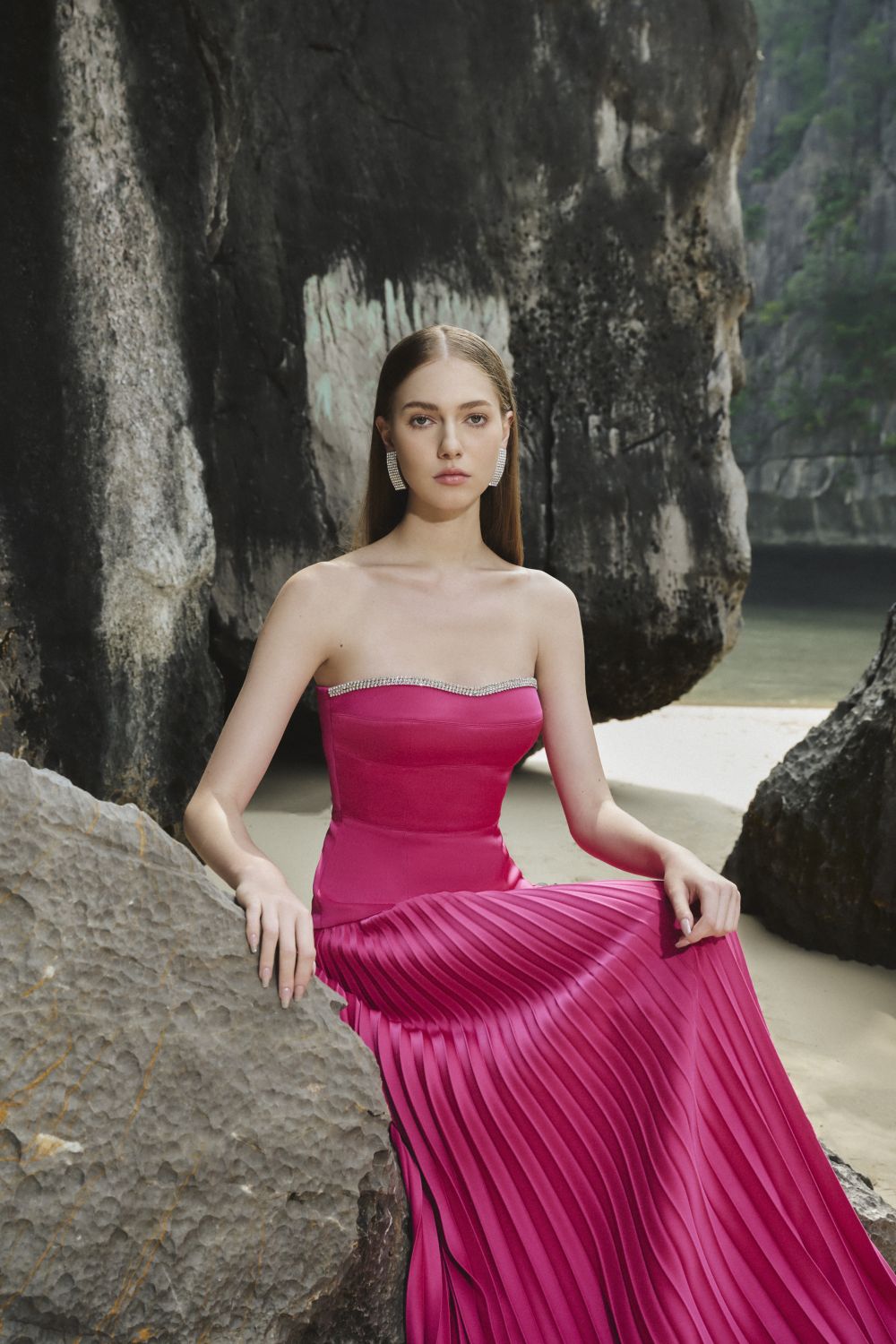 Iris Pleated Sweetheart Neck Taffeta Floor Length Dress