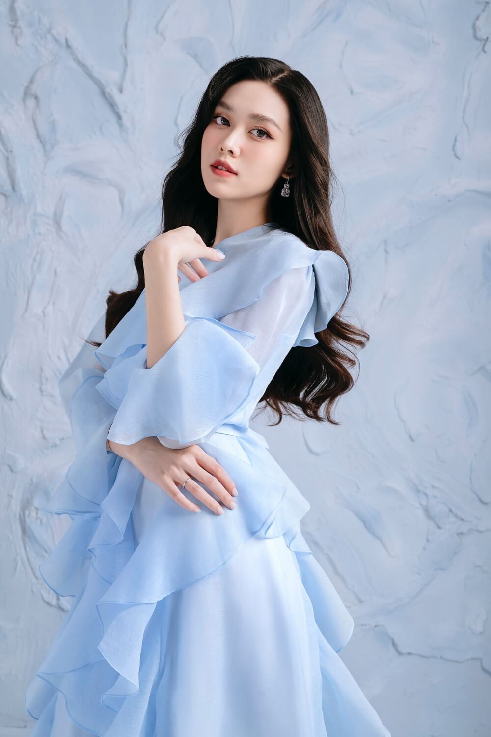 Dully Flared Ruffle Layer Organza Midi Dress