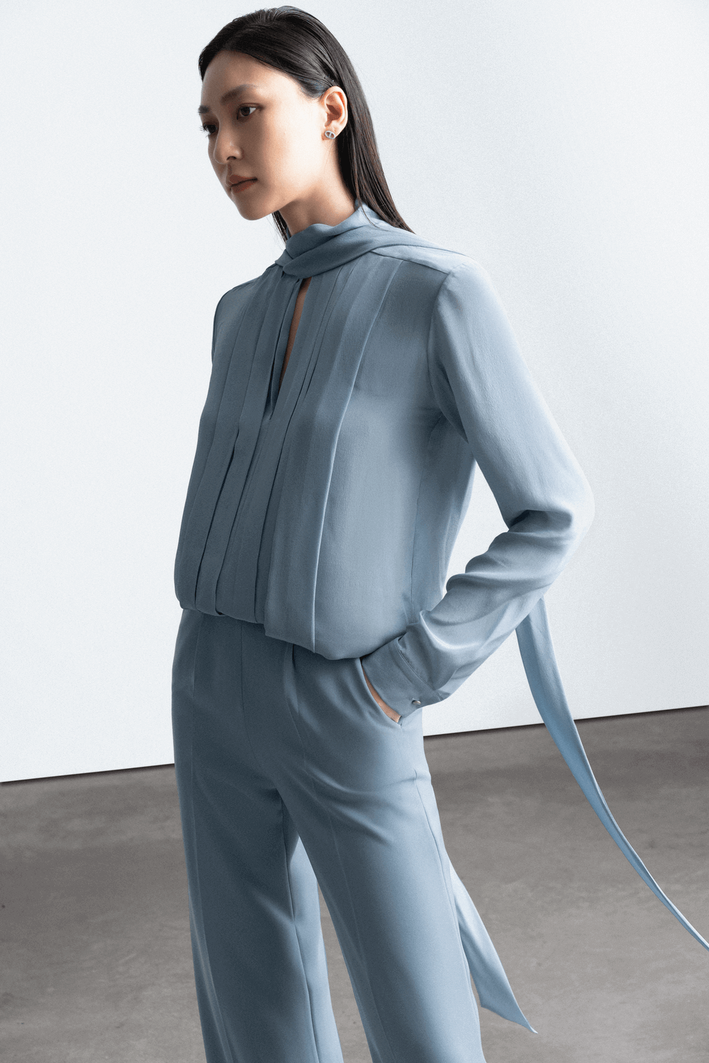 Dixie Pleated Long Sleeved Crepe De Chine Top