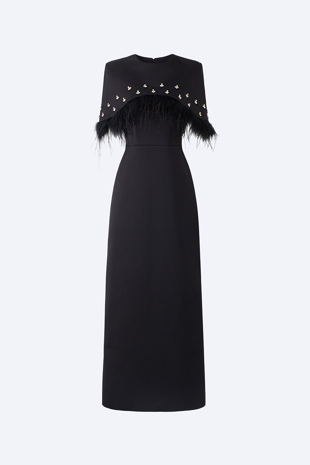 Navy Sheath Cape Shoulder Taffeta Midi Dress