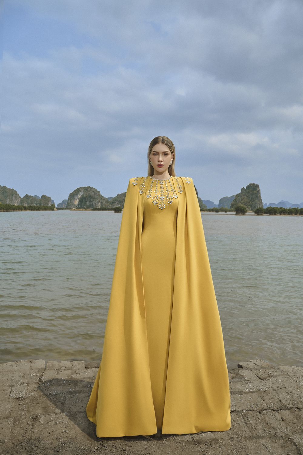 Gabrielle Sheath Cape Sleeved Satin Maxi Set