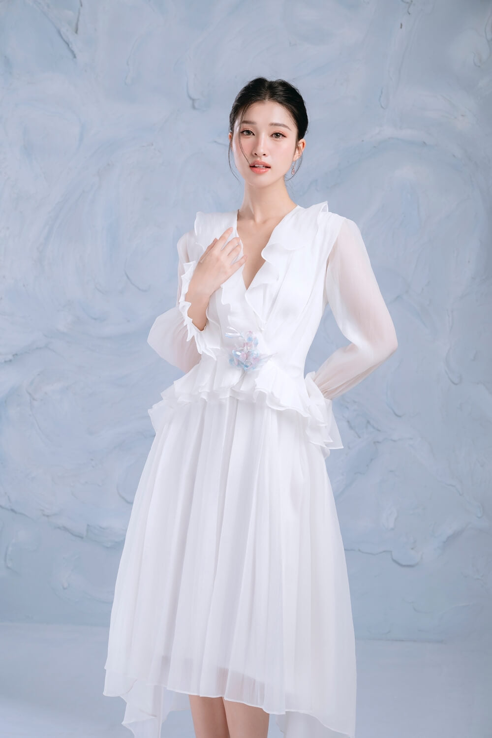 Cloud Asymmetric Ruffle Layer Organza Midi Dress