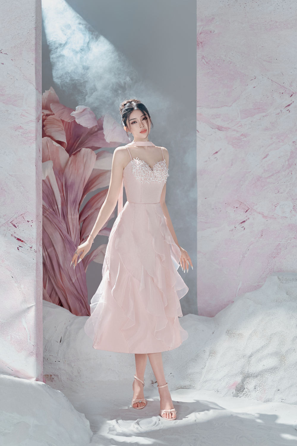 Nova A-line Ruffle Layer Taffeta Midi Dress