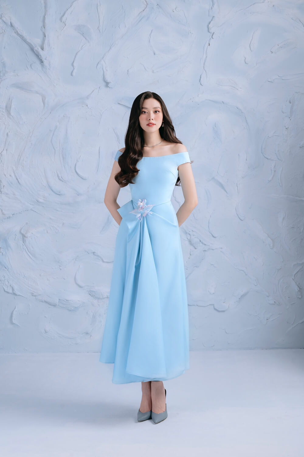 Wetty Fit and Flare Off-Shoulder Cotton Midi Dress