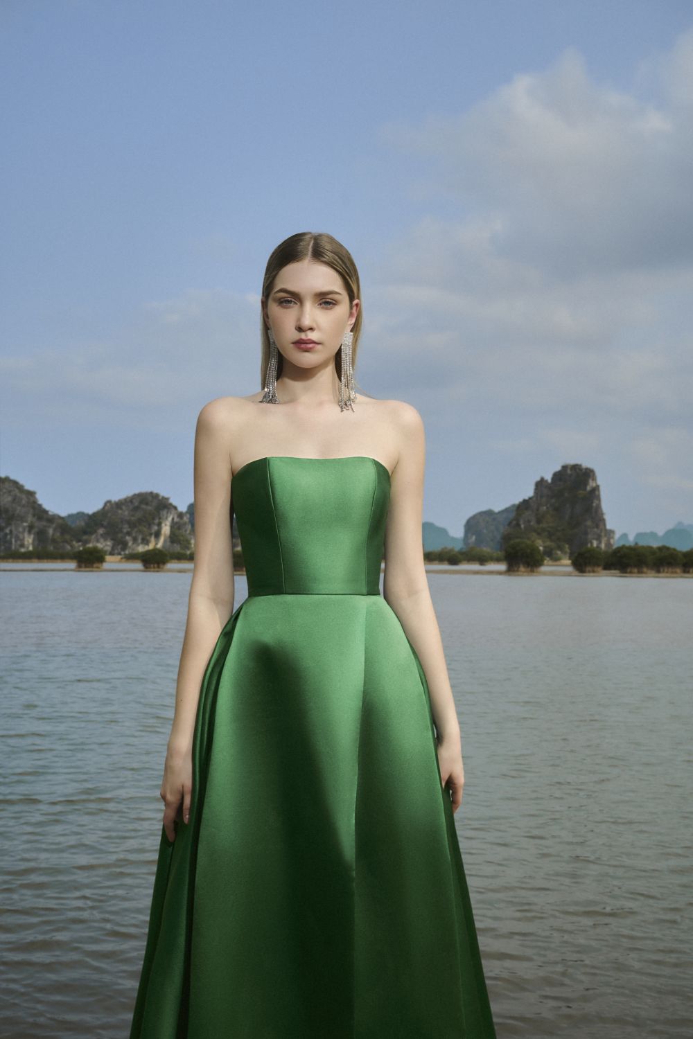 Clara Ball Gown Straight Across Neck Taffeta Maxi Dress