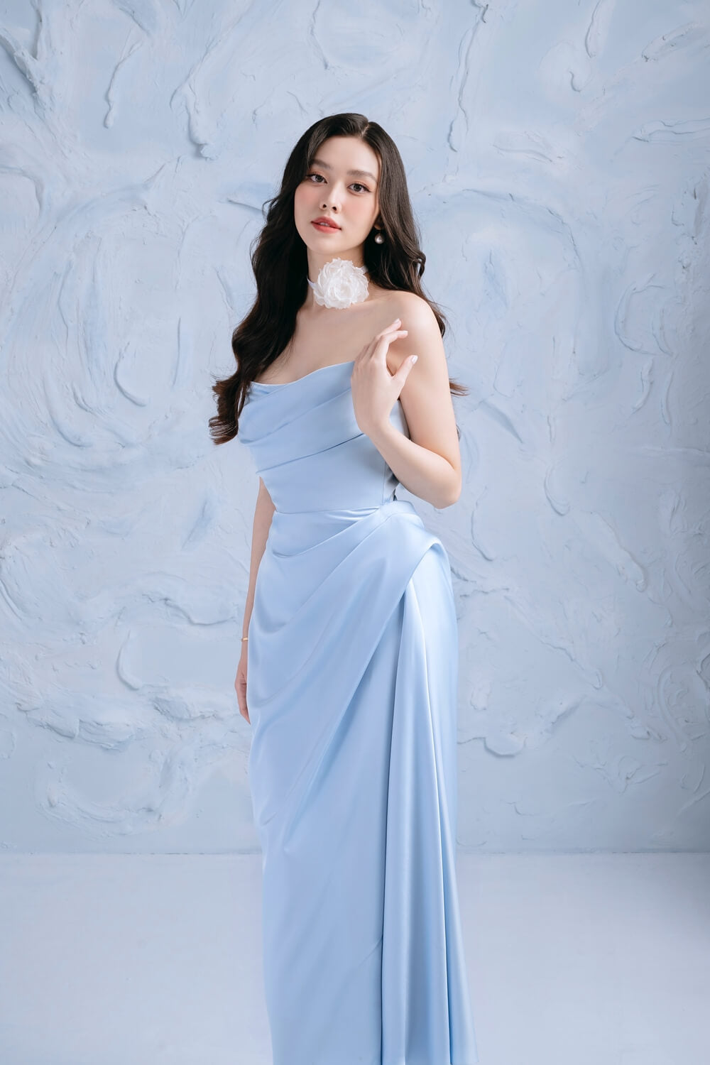 Minty Gathered Pleated Chest Silk Midi Dress