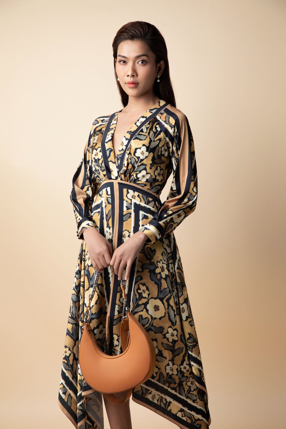 Esra Asymmetric V-Neck Latin Silk Midi Dress