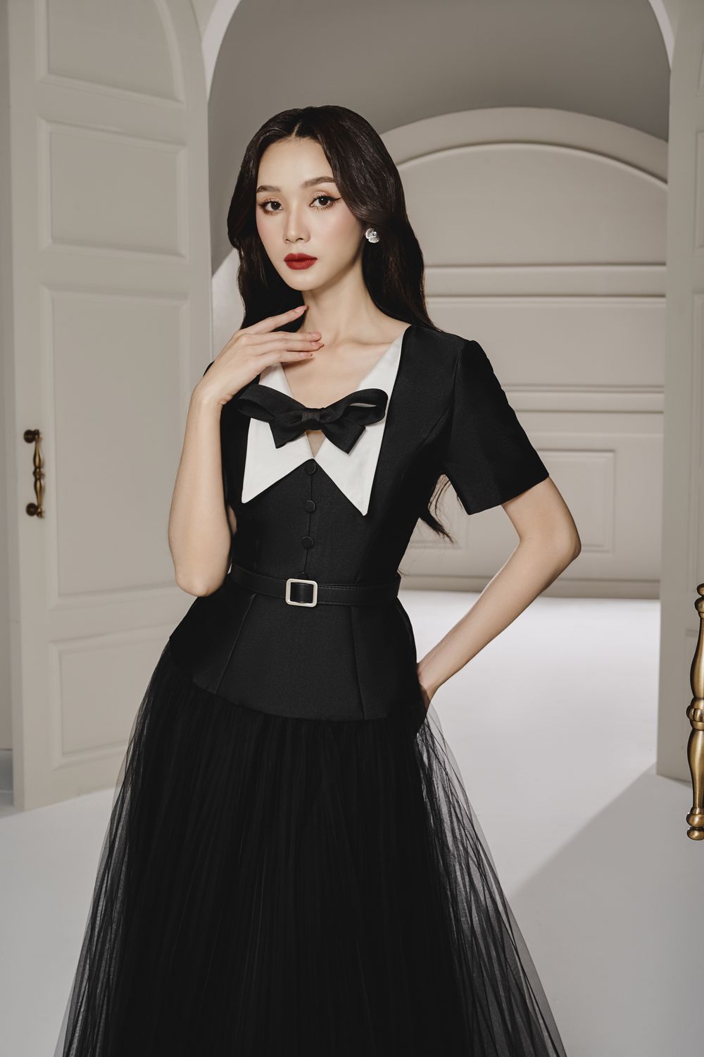 Panda Fit and Flare V-Neck Taffeta Midi Dress