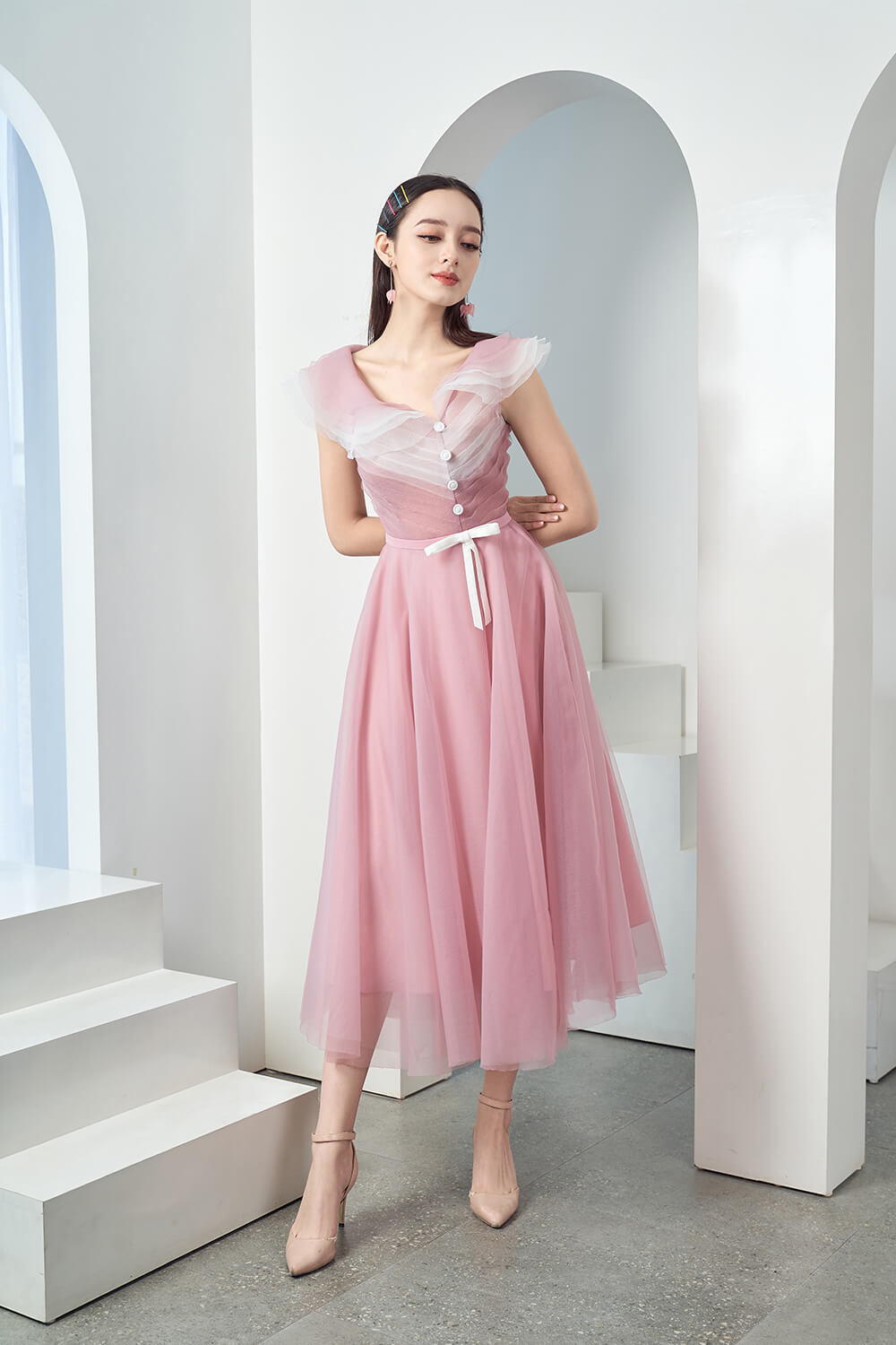 Baskom Fit and Flare Ruffled Organza Midi Dress