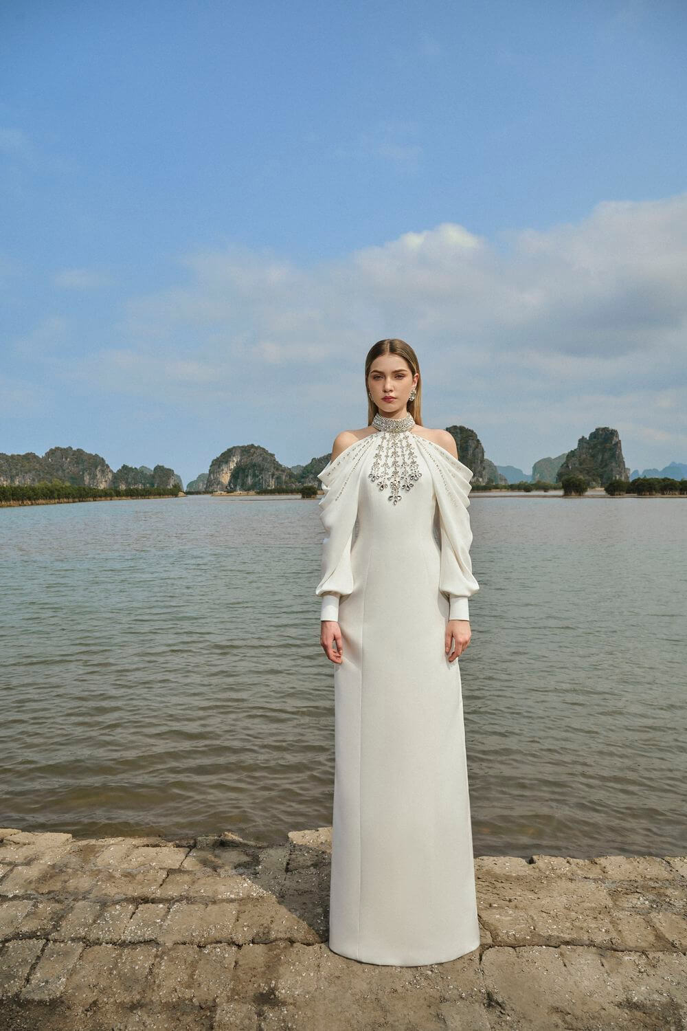 Adelina Sheath Halter Neck Satin Maxi Dress