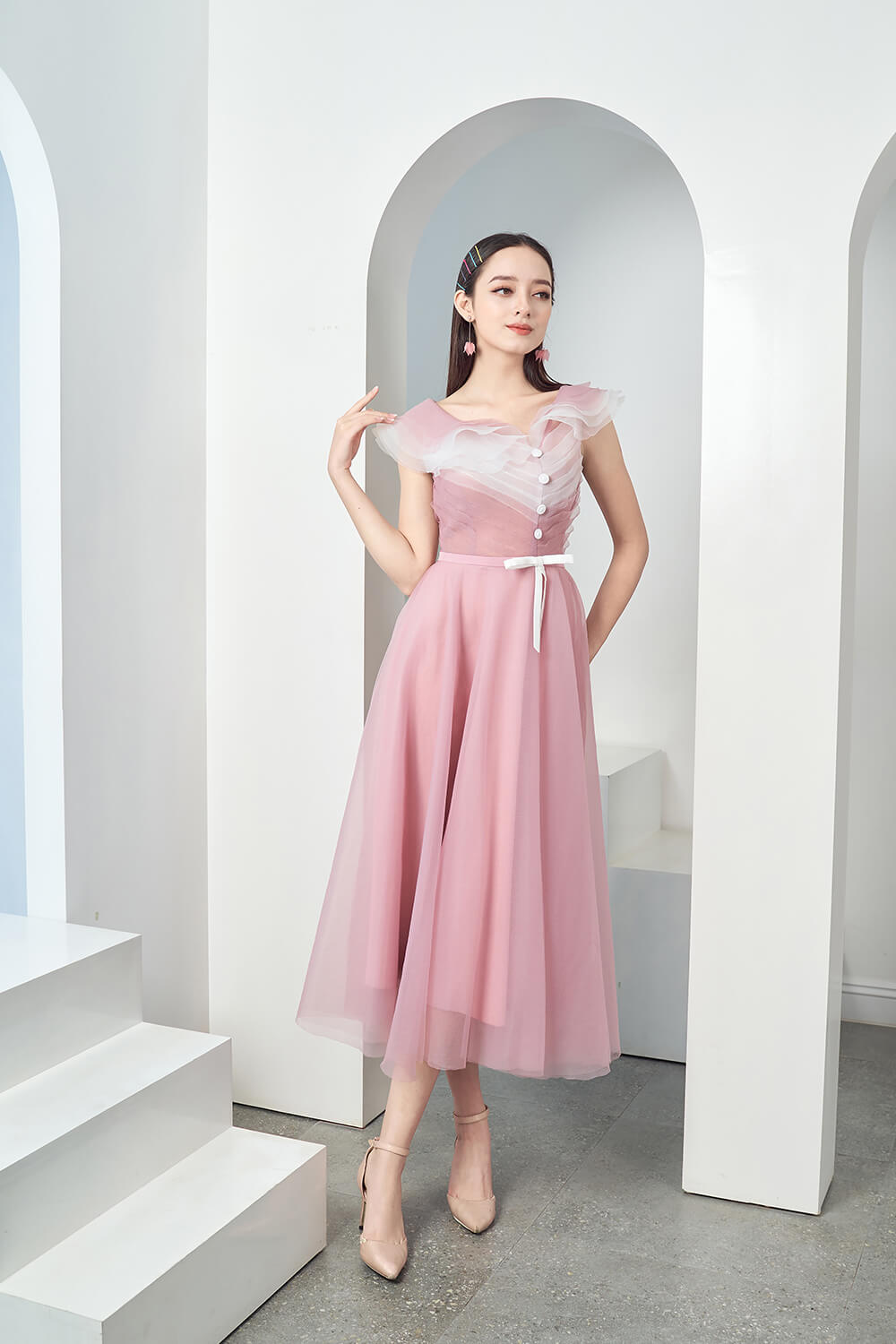 Baskom Fit and Flare Ruffled Organza Midi Dress