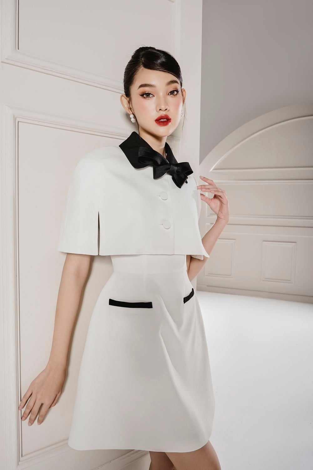 Dolly Fit and Flare Cape Shoulder Linen Cotton Mini Dress