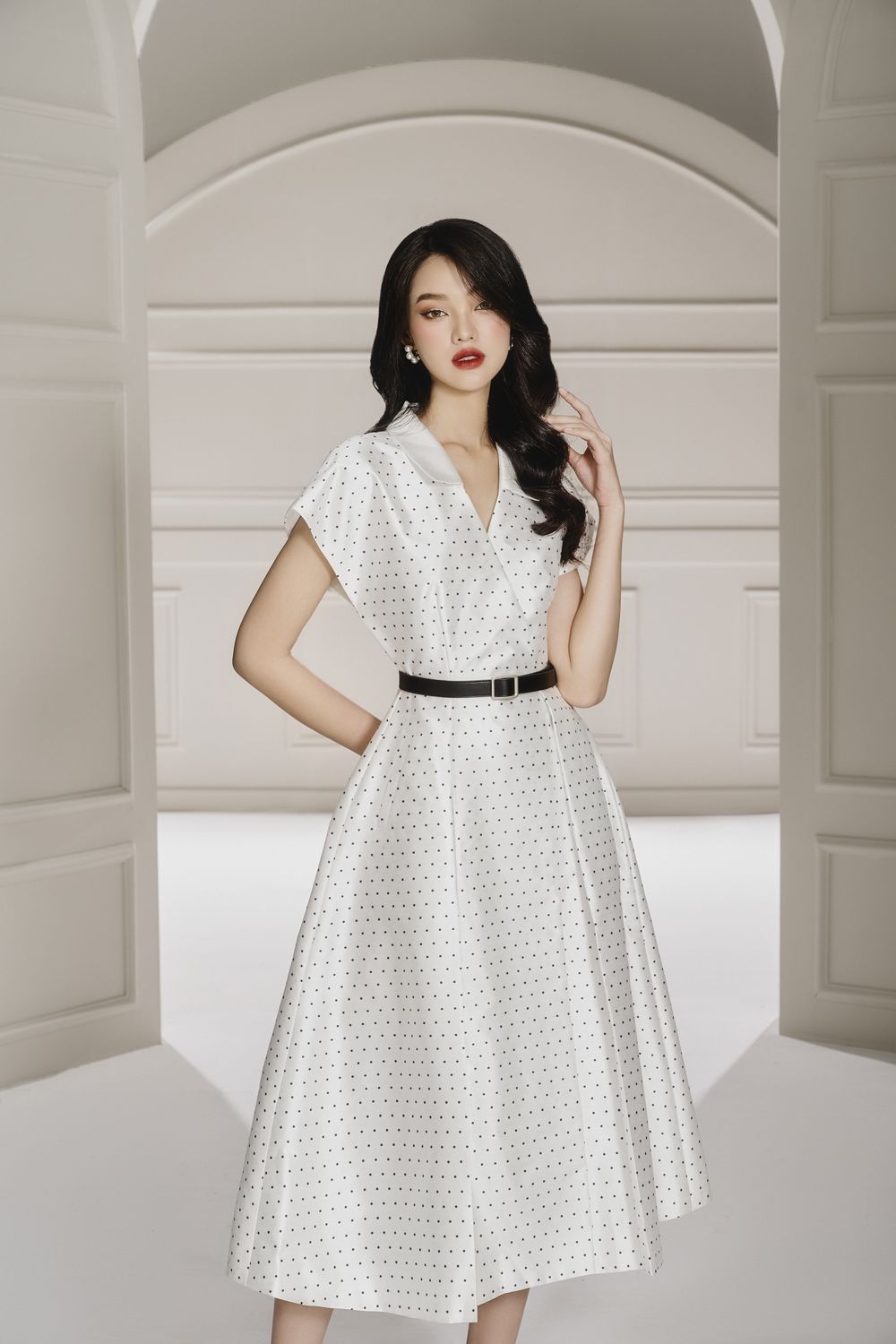 Thora Fit and Flare V-Neck Taffeta Midi Dress