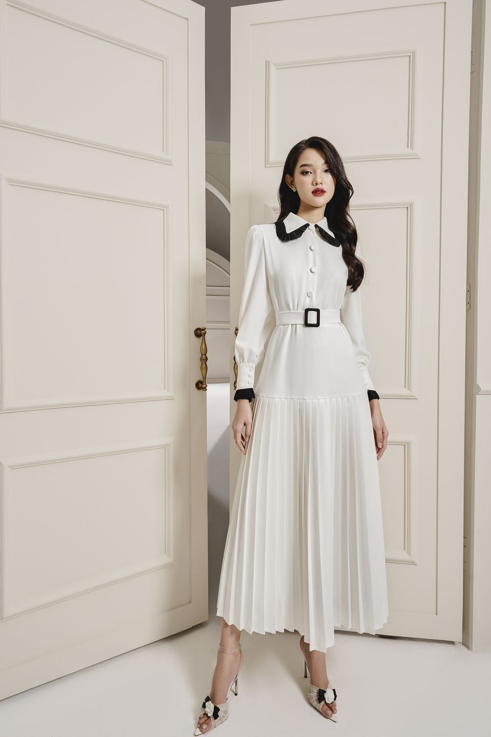 Randy Drop Waist Pleated Cotton Silk Midi Dress