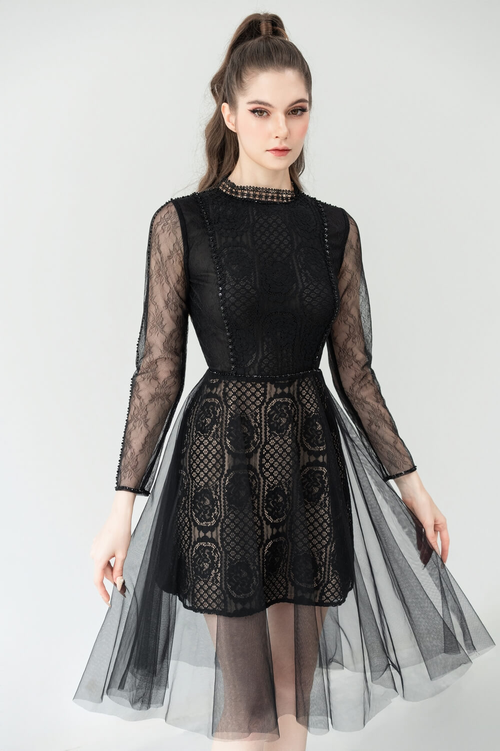 Evelyn A-line Long Sleeved Lace Below The Knee Dress