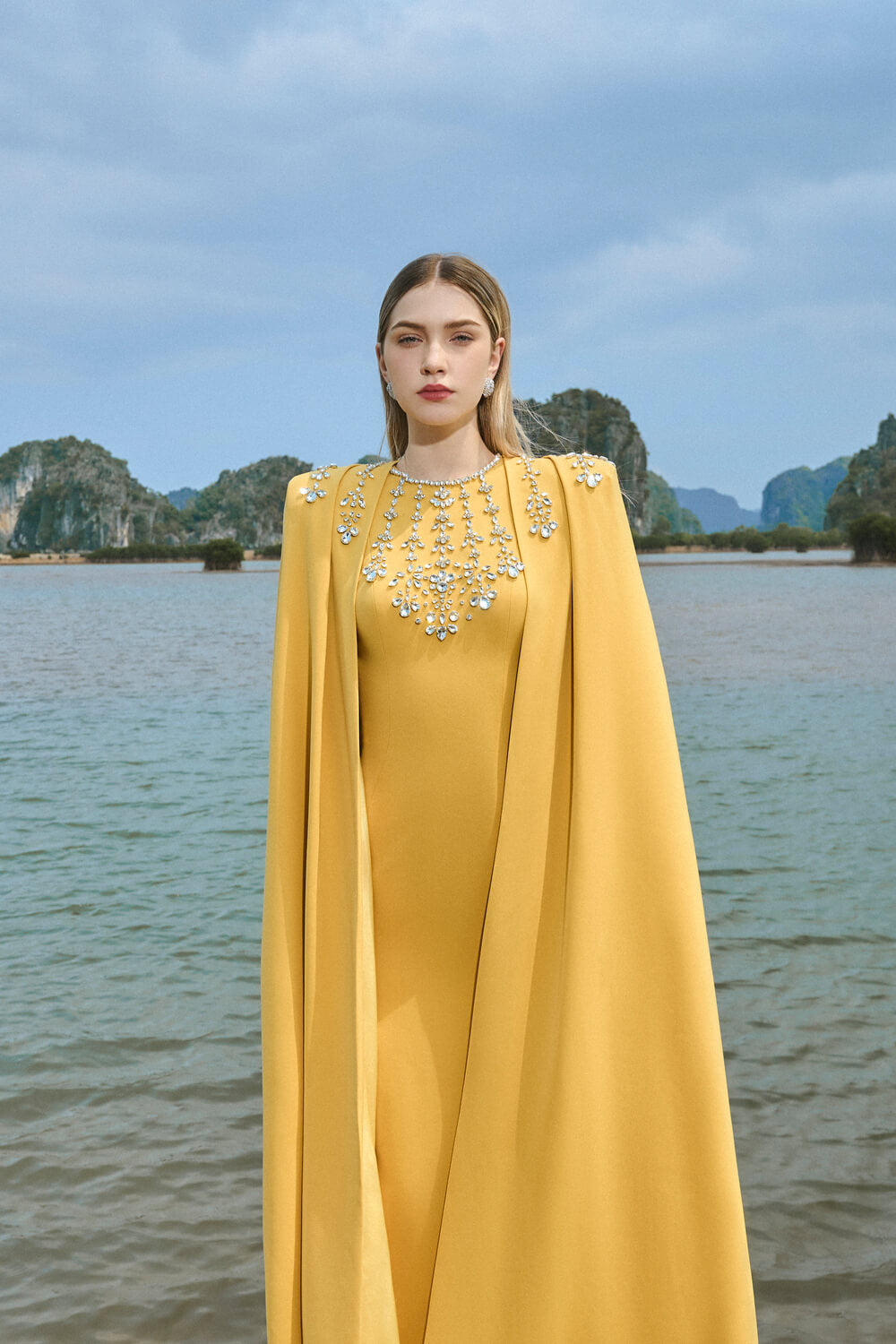 Gabrielle Sheath Cape Sleeved Satin Maxi Set