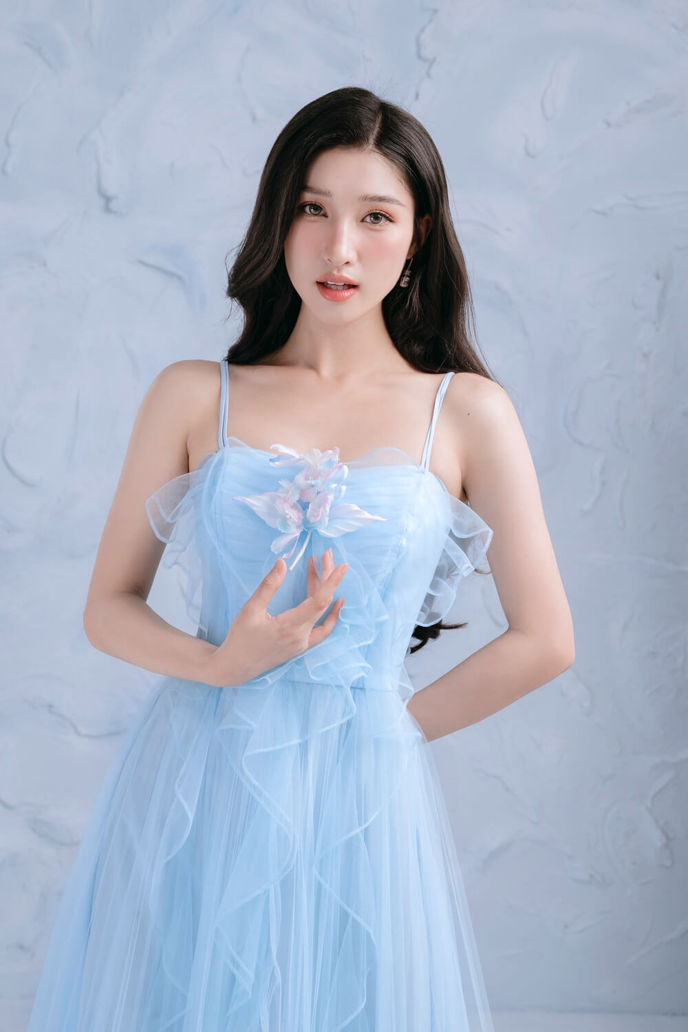 Ocean Pleated Ruffle Layer Mesh Sheer Midi Dress