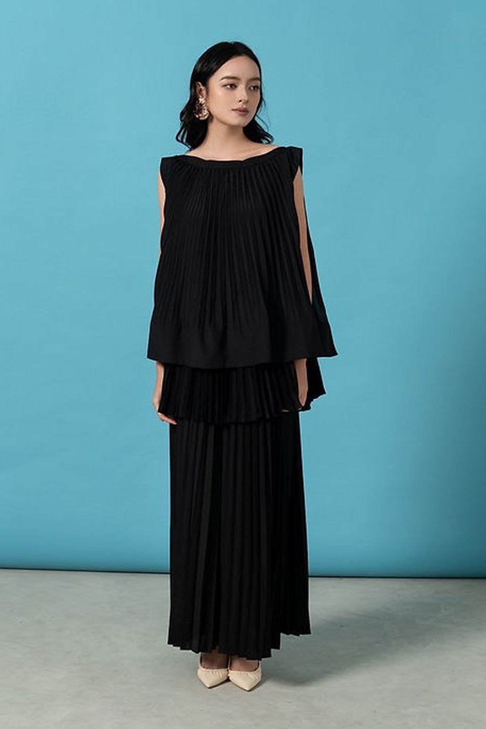 Andrea Pleated Flared Polyester Top
